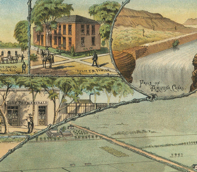 Rare ancienne carte de Phoenix, Arizona de CJ Dyer, 1885 - Masterpiece Birdseye Vue du centre-ville