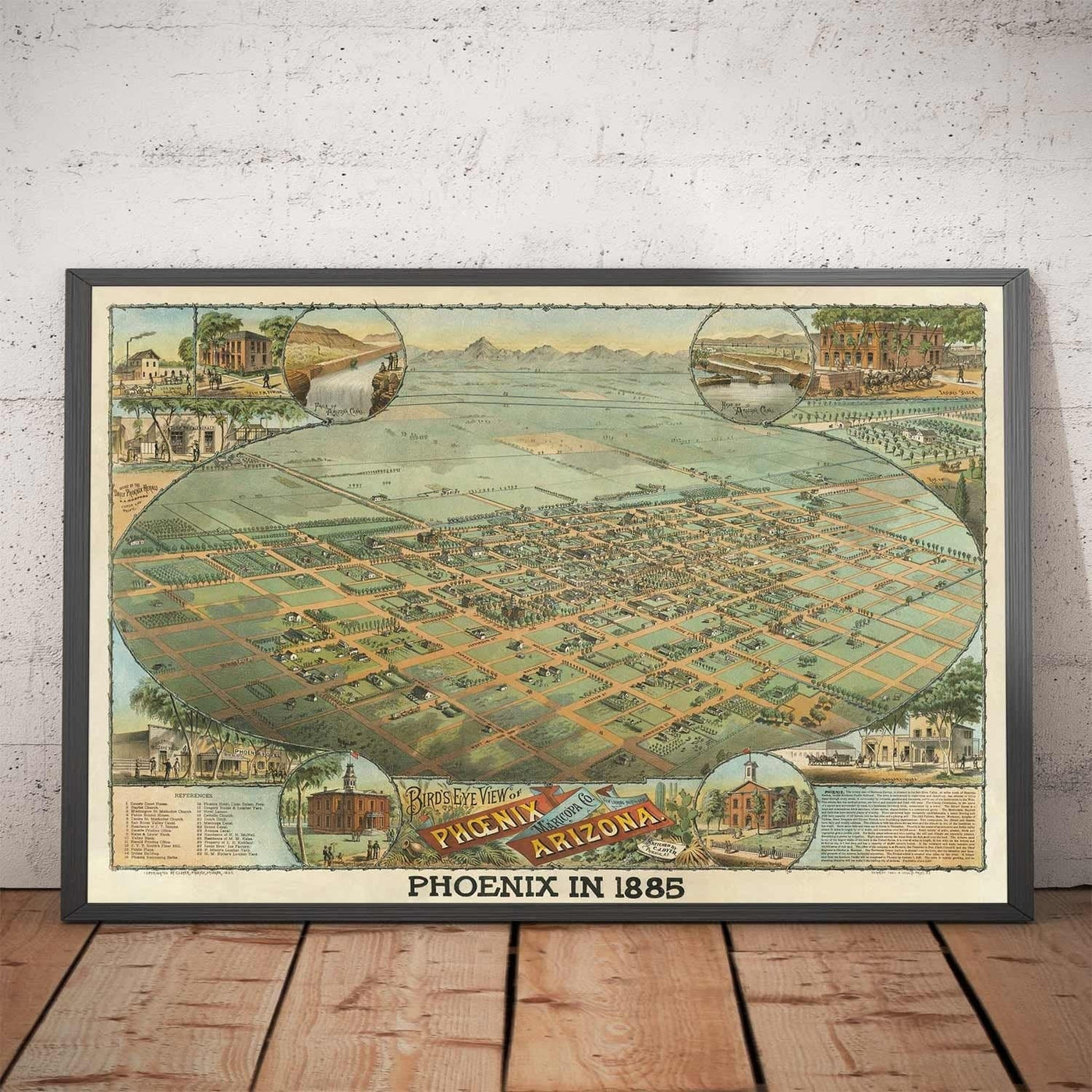 Mapa antiguo raro de Phoenix, Arizona por CJ Dyer, 1885 - Masterpiece Birdseye Vista del centro de la ciudad