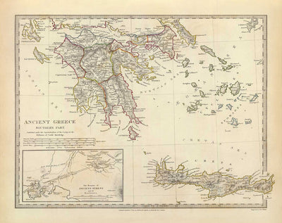 Ancienne carte de la Grèce antique, 1829, par Sduk - Crète, Égée, Athènes, Arcadia, Attique, Cyclades, Zakynthos