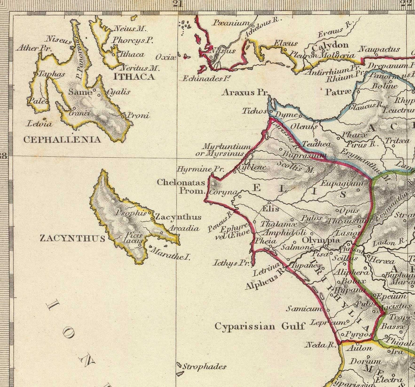 Alte Karte des antiken Griechenlands, 1829, von SDUK - Kreta, Ägäis, Athen, Arkadien, Attika, Kykladen, Zakynthos