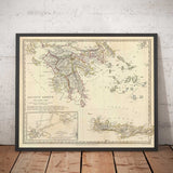 Old Map of Ancient Greece, 1829, by SDUK - Crete, Aegean, Athens, Arcadia, Attica, Cyclades, Zakynthos