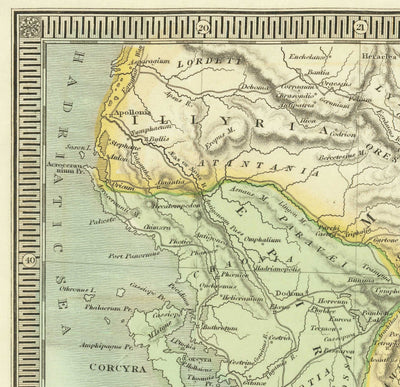 Mapa antiguo de la antigua Grecia, 1834, por Teesdale - Creta, Macedonia, Corfú, Albania, Atenas, Tesalia, Attica