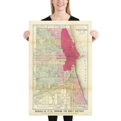 Ancienne Carte de Chicago Après le grand feu, 1871, Gaylord Watson - Downtown, Lac Michigan, Rivière, Wards, Arrondissement brûlé