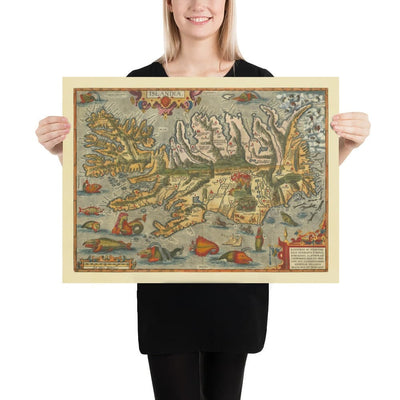 Mapa antiguo raro de Islandia por Ortelius, 1603 - Reykjavik, Keflavik, volcanes, montañas, fiordos, glaciares, monstruos marinos