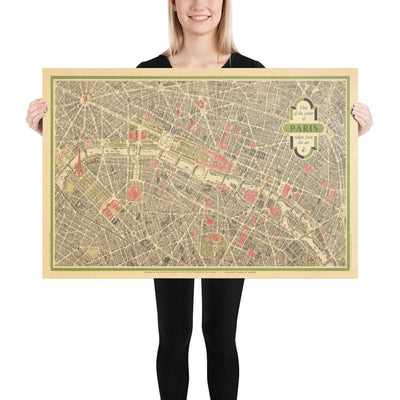 Seltene alte Karte von Paris, Frankreich von Georges Peltier, 1950 - Louvre, Notre Dame, Sainte-Chapelle, Eiffelturm
