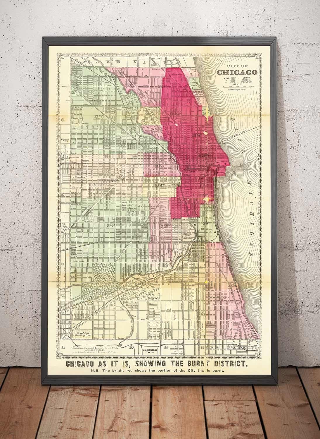 Viejo mapa de Chicago después del Gran Fuego, 1871, Gaylord Watson - Downtown, Lake Michigan, Río, Wards, Burnt District