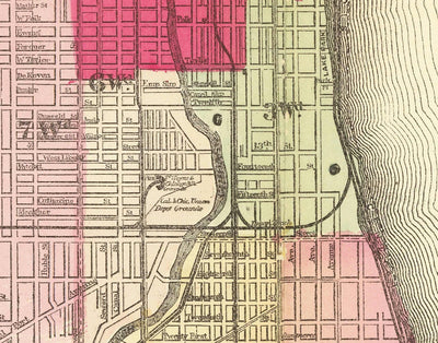 Alte Karte von Chicago nach dem großen Feuer, 1871, Gaylord Watson - Downtown, Michigansee, Fluss, Wards, Burnt Bezirk