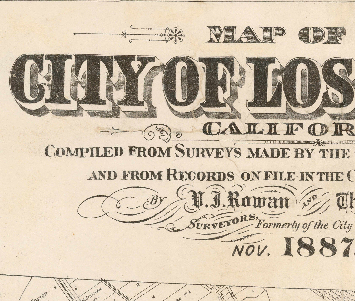 Ancienne carte de Los Angeles, 1887 - Tableau de la ville rare - Downtown, Chinatown, District financier, Rangée de dérapage, District de mode