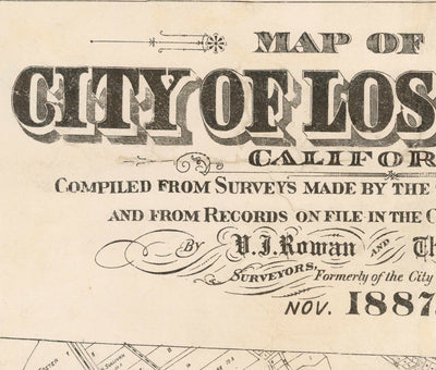Ancienne carte de Los Angeles, 1887 - Tableau de la ville rare - Downtown, Chinatown, District financier, Rangée de dérapage, District de mode
