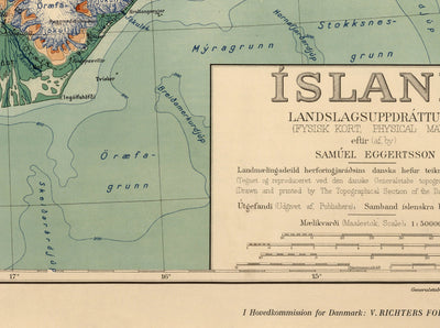 Ancienne carte d'Islande de Samuel Eggertson, 1928 - Reykjavik, Keflavik, Geysir, Gulfoss, Volcans, Glaciers