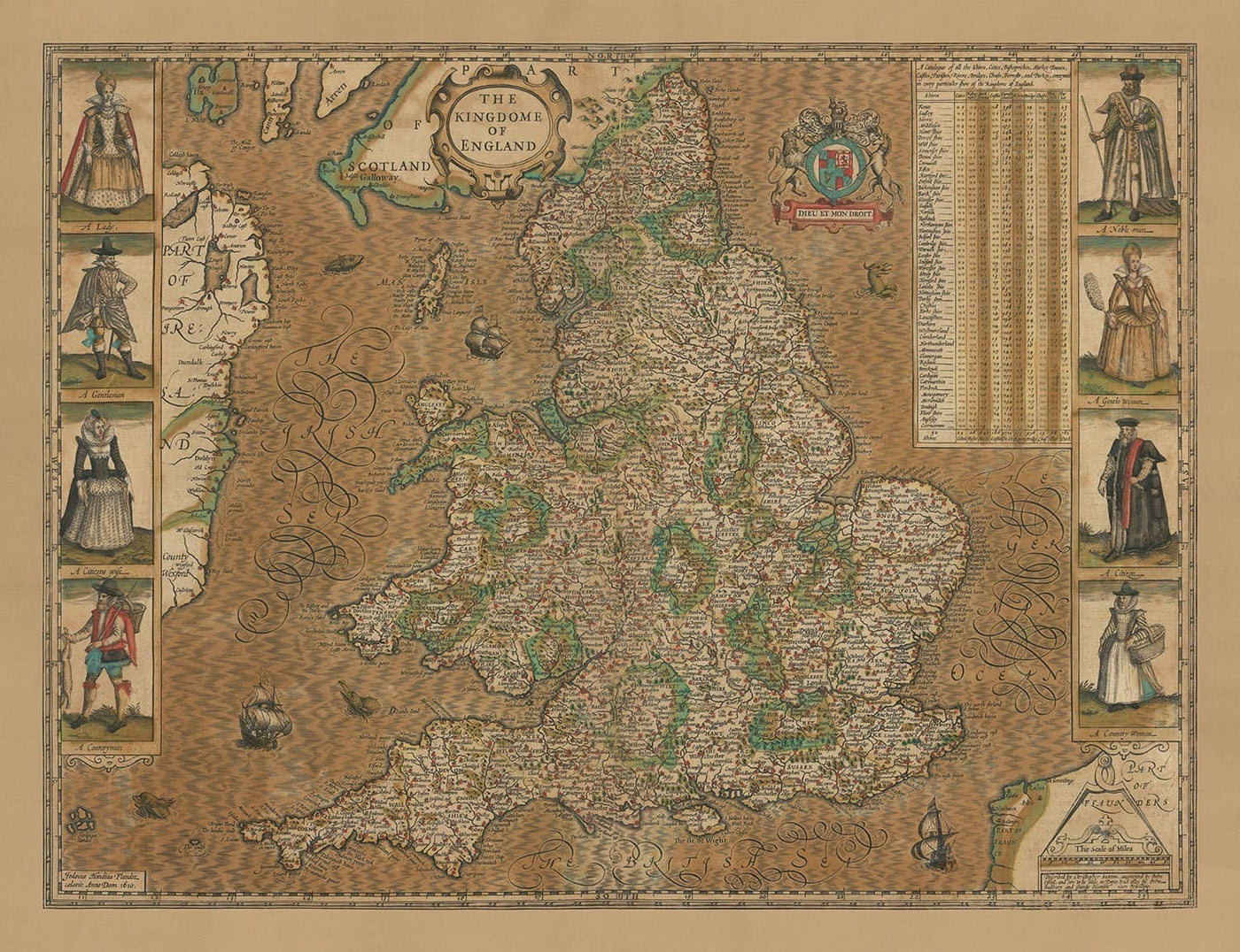 Old Map of England & Wales by John Speed, 1611 - Rare Handcoloured Chart of the "Kingdome of England"