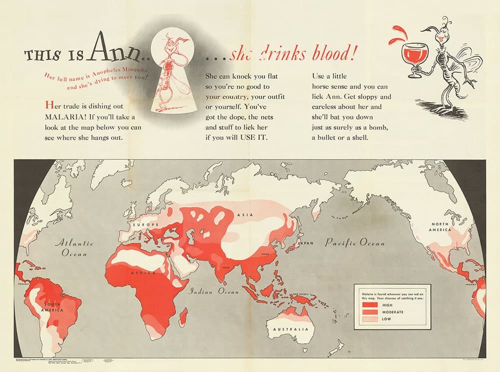 Mapa del Mundo Viejo por el Dr. Seuss, 1943 - Gráfico de pared del Malaria del Ejército de los EE. UU. Desde la Segunda Guerra Mundial