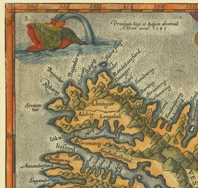 Rare ancienne carte d'Islande par Ortelius, 1603 - Reykjavik, Keflavik, Volcans, Montagnes, Fjords, Glaciers, Monstres de la mer