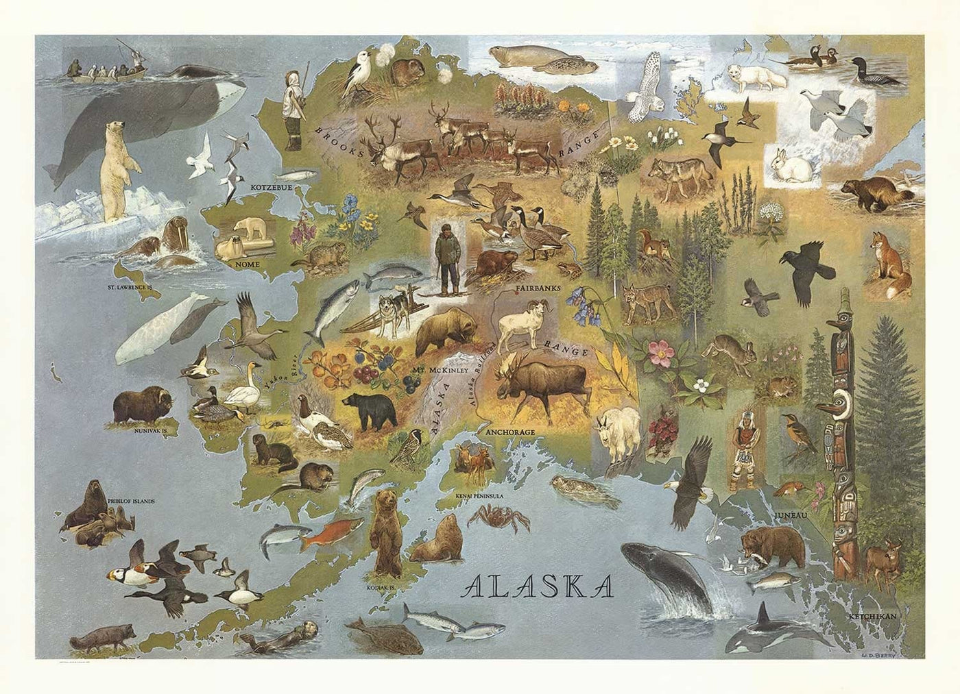 Ancienne carte de l'Alaska de WD Berry, 1967 - Eskimos, Inuits et Animaux - Anchorage, Yukon, Denali / McKinley