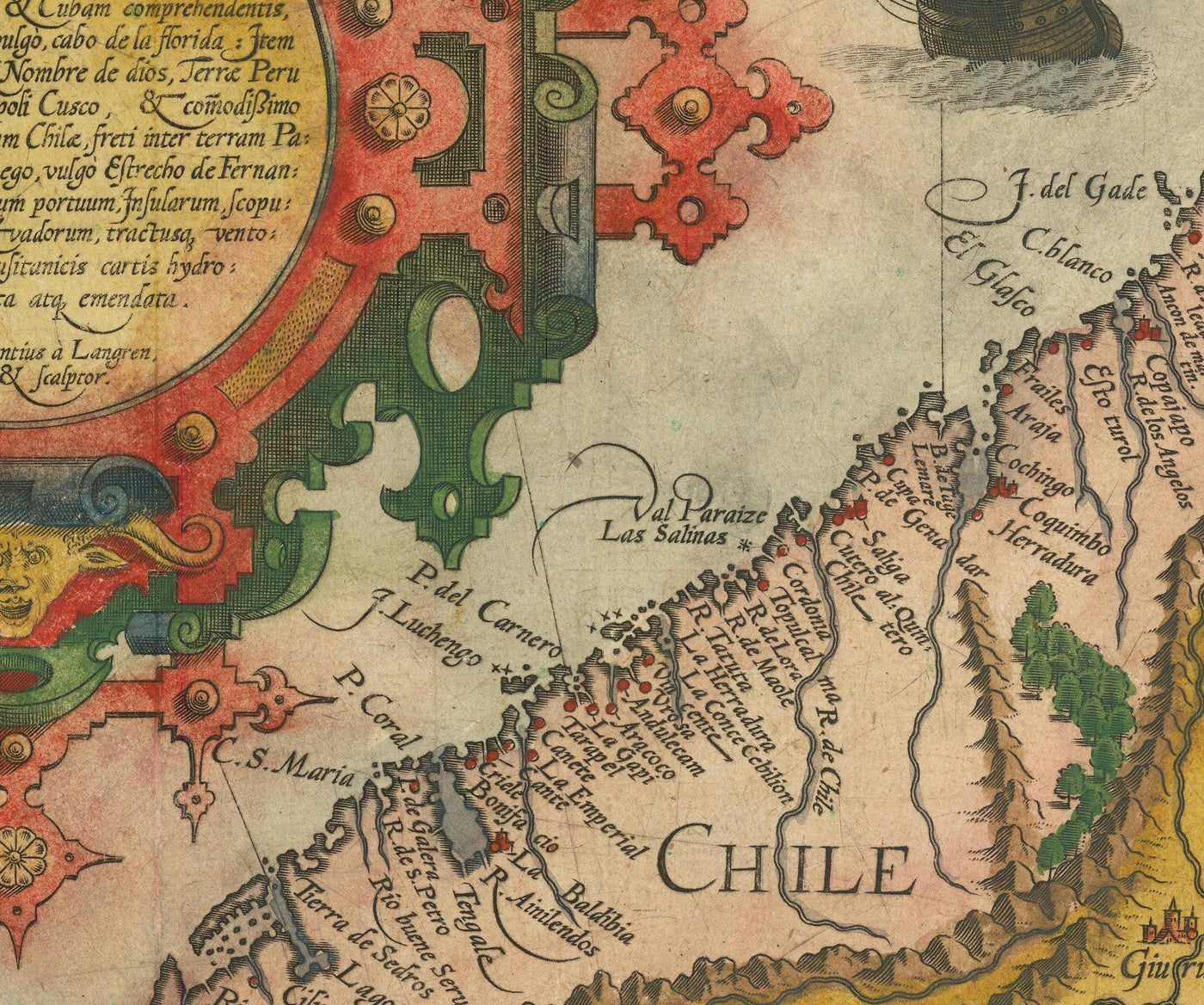 Ancienne carte de l'Amérique du Sud par Linschoten, 1596 - Brésil, Pérou, Chili, Caraïbes, Floride, Espagnole et Portugues Colères