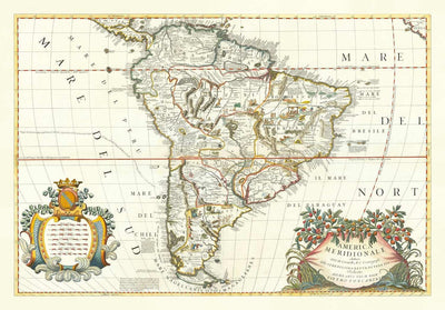 Alte Karte von Südamerika von Coronelli 1690 - Brasilien, spanische Kolonien, Peru, Paraguay, Venezuela, Magellanica, Amazonas