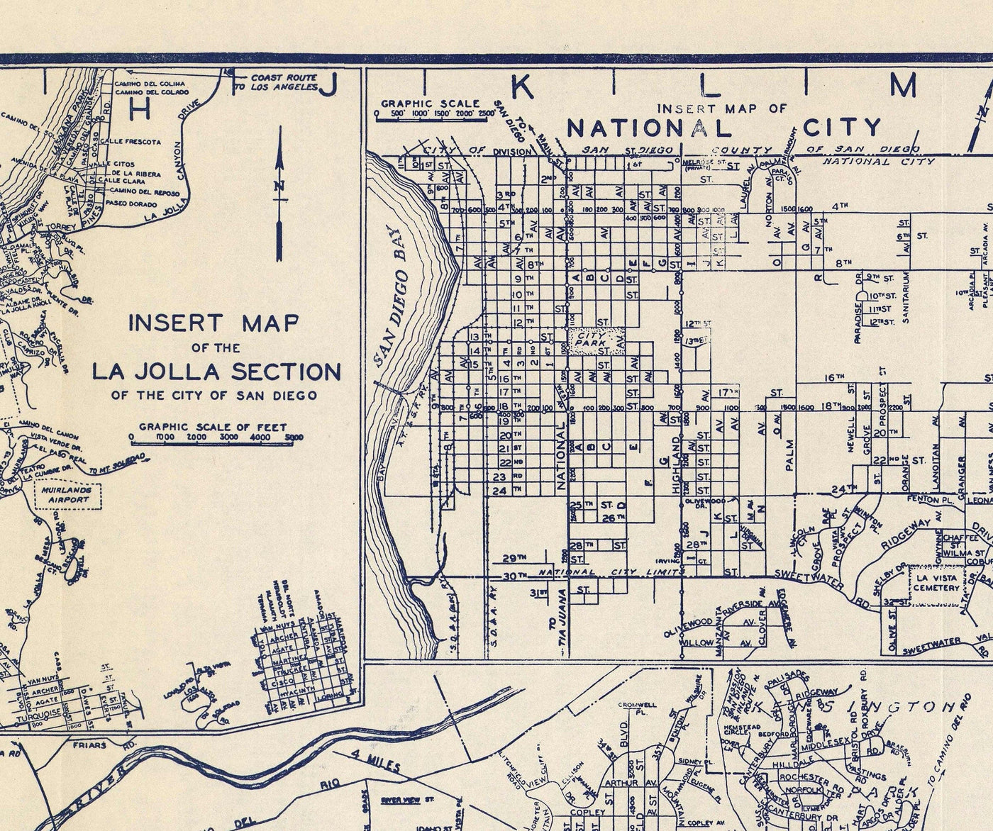 Viejo mapa de San Diego, 1938 por Thomas Bros - Ciudad Nacional, La Jolla, La Mesa, Downtown, Balboa Park & ​​Zoo, Isla Norte