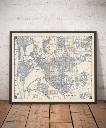 Ancienne Carte de San Diego, 1938 par Thomas Bros - National City, La Jolla, La Mesa, Downtown, Balboa Park & ​​Zoo, North Island