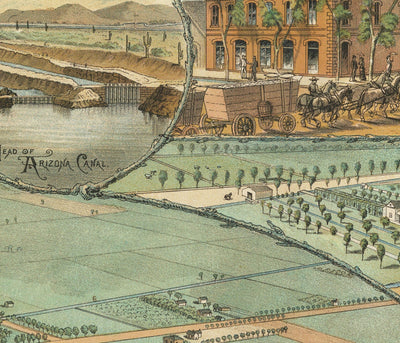 Seltene alte Karte von Phoenix, Arizona von CJ Dyer, 1885 - Meisterwerk Birdseye Blick auf die Innenstadt