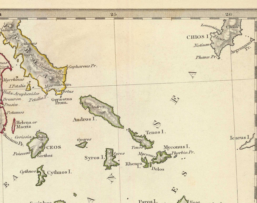 Mappa antica della Grecia, 1829, di SDUK - Creta, Egeo, Atene, Arcadia, Attica, Cicladi, Zante 