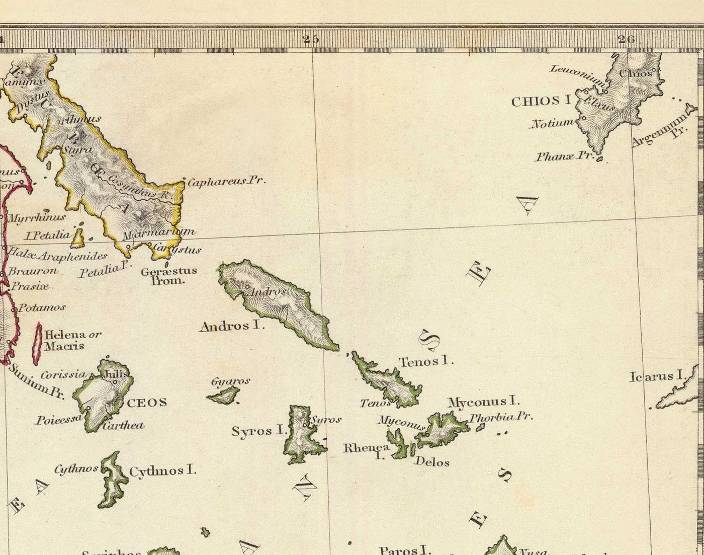 Ancienne carte de la Grèce antique, 1829, par Sduk - Crète, Égée, Athènes, Arcadia, Attique, Cyclades, Zakynthos