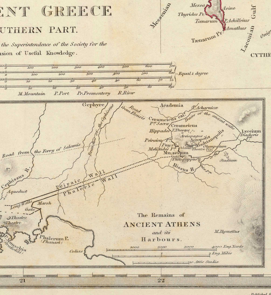 Mappa antica della Grecia, 1829, di SDUK - Creta, Egeo, Atene, Arcadia, Attica, Cicladi, Zante 