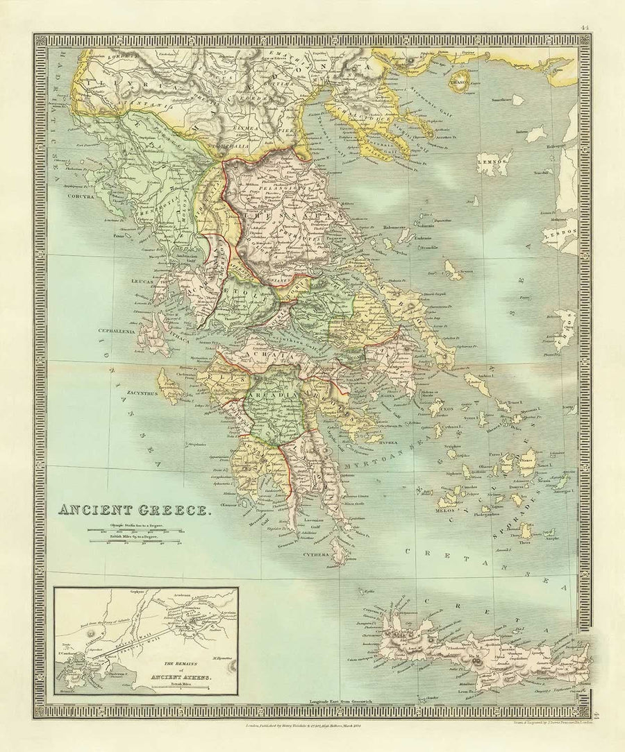 Mappa antica della Grecia, 1834, di Teesdale - Creta, Macedonia, Corfù, Albania, Atene, Tessaglia, Attica 