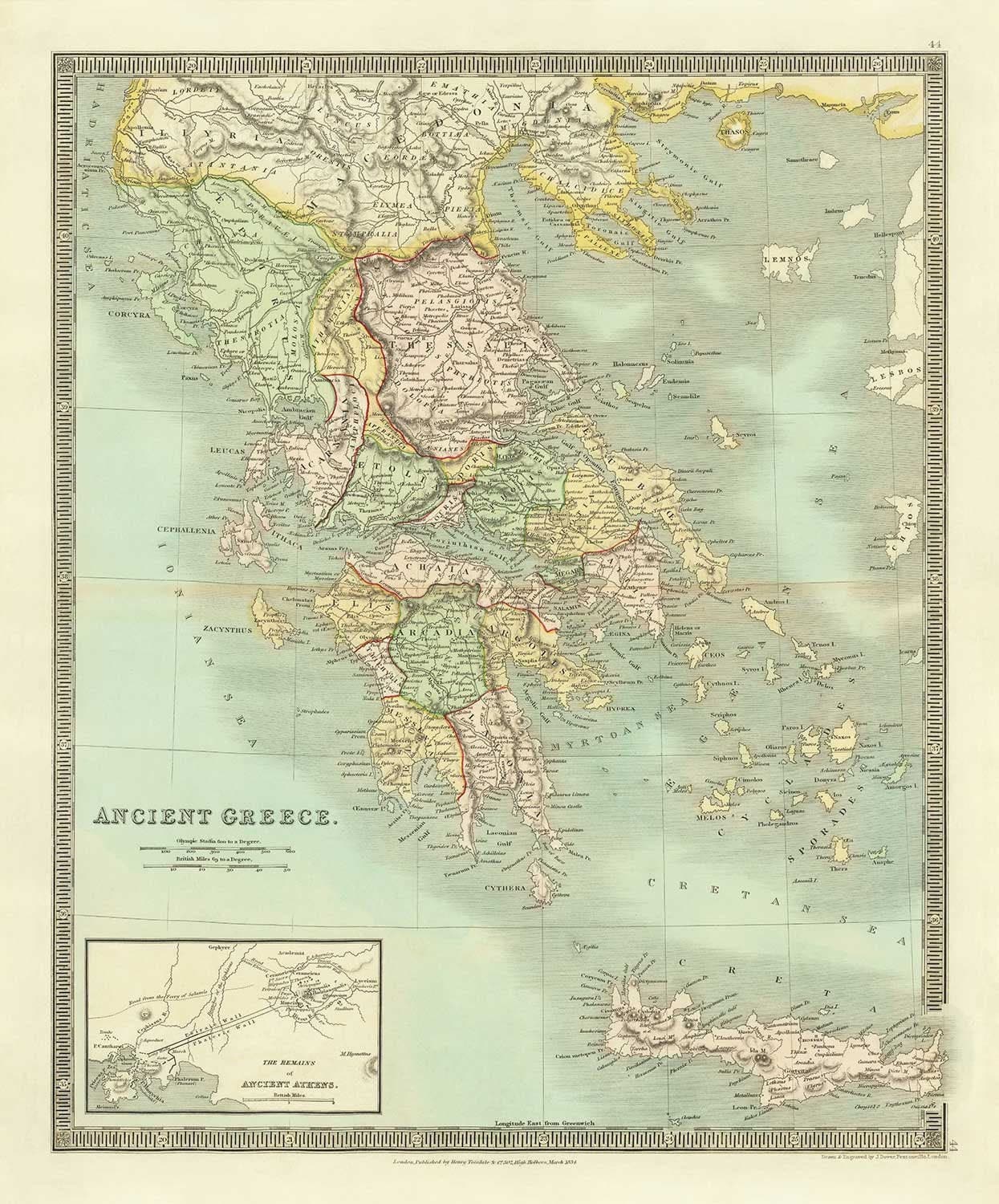 Alte Karte des antiken Griechenlands, 1834, von Teesdale - Kreta, Mazedonien, Korfu, Albanien, Athen, Thessalien, Attika