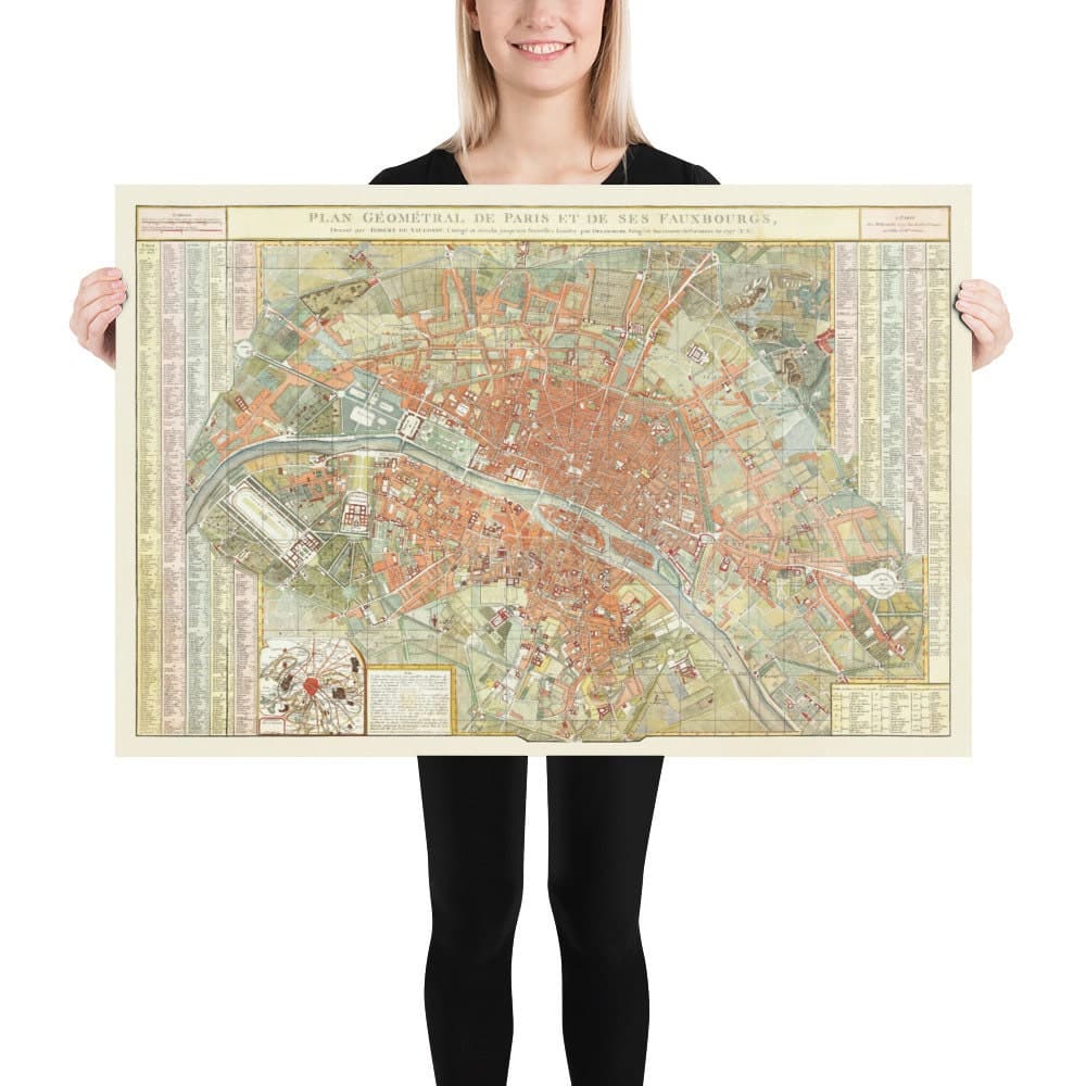 Viejo mapa de París, Francia por Delamarche en 1797 - Louvre, Notre Dame, Sainte-Chapelle, Sena, Revolución, Invalides