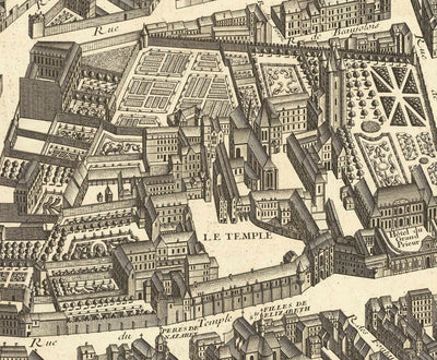 Grand plan ancien de Paris, France par Bretez & Turgot en 1734 - Notre Dame, Sainte-Chapelle, Île de la Cité, Bastille
