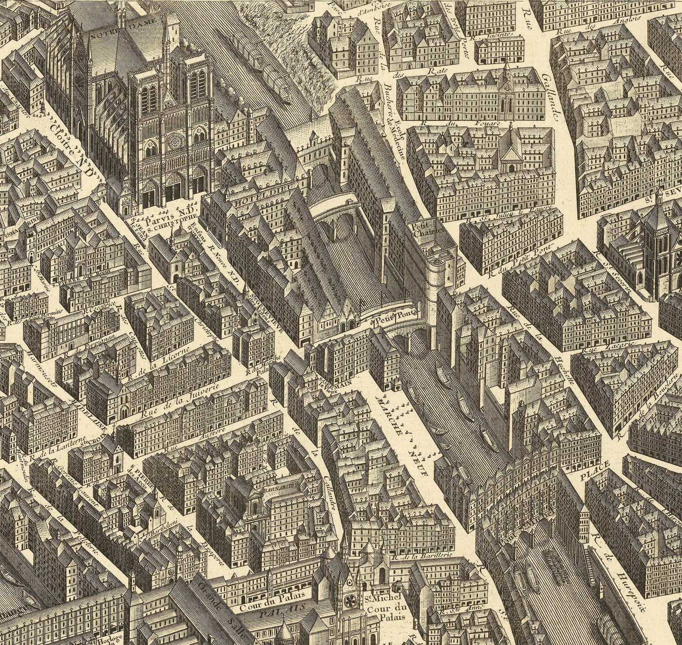 Grand plan ancien de Paris, France par Bretez & Turgot en 1734 - Notre Dame, Sainte-Chapelle, Île de la Cité, Bastille