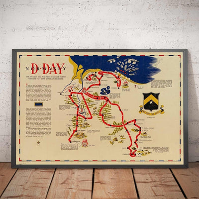 Alte Karte von D Day Landungen in der Normandie, 1944 - 743rd Tankbataillon in Nordfrankreich - US Army-Weltkrieg 2