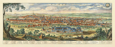Rare ancienne carte de Paris, France de Mathaus Merian en 1648 - Notre Dame, Sainte-Chapelle, Hospital St Louis, Bastille