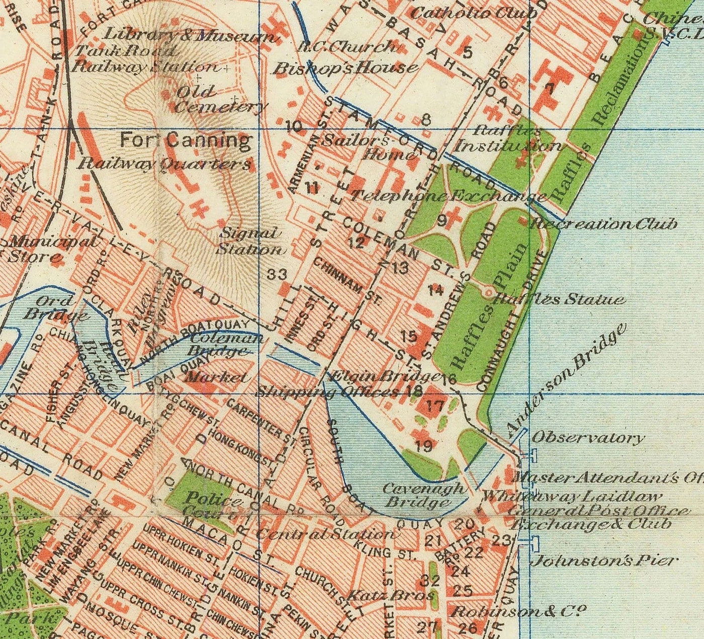 Rare ancienne carte de Singapour, 1917 - Colonie d'empire britannique, Pulau Ujong, Jardins botaniques, Marina, Bay