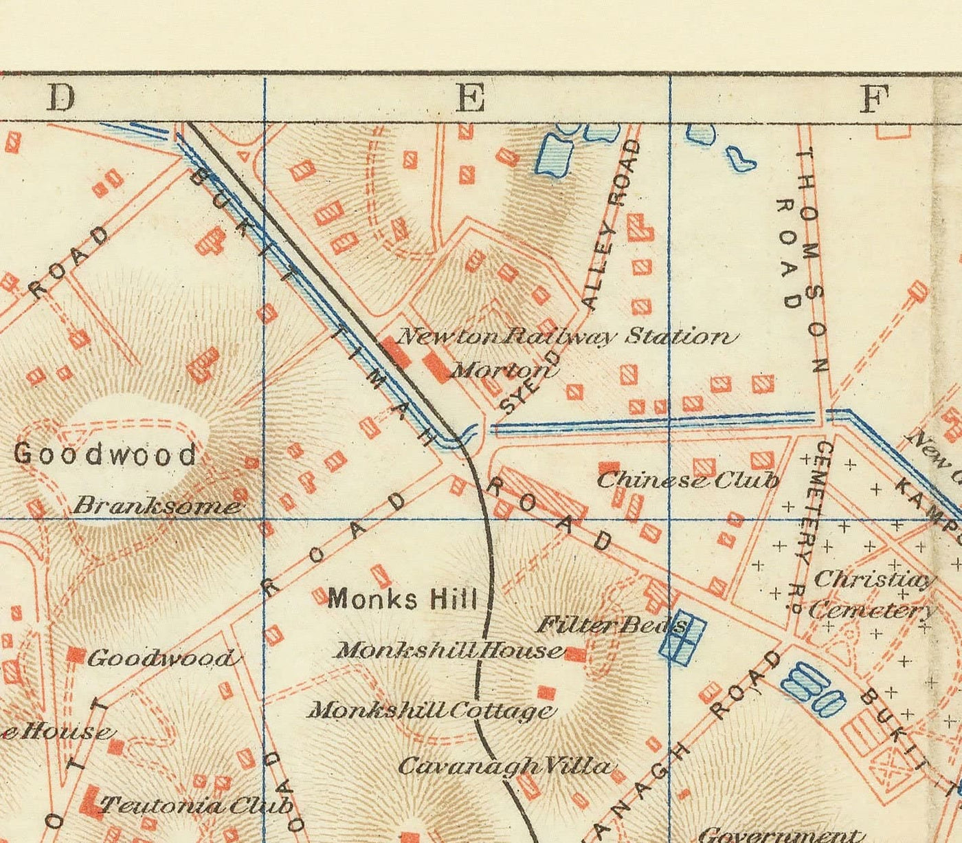 Mapa antiguo raro de Singapur, 1917 - Colonia del Imperio Británico, Pulau Ujong, Jardines botánicos, Marina, Bahía