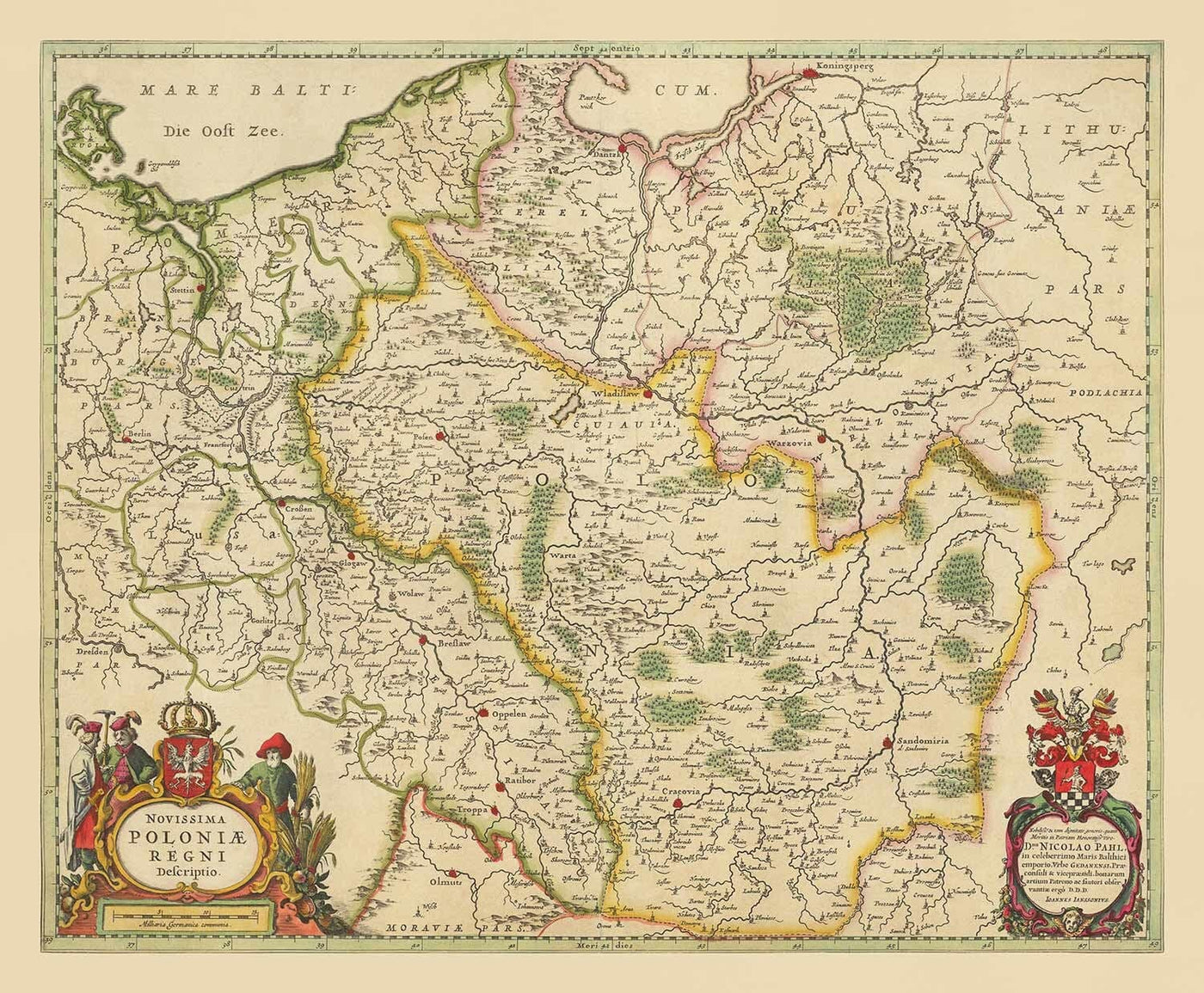 Ancienne carte de Pologne de Jan Jansson, 1640 - Allemagne, Prusse, Lituanie, Silésie, Lusatia, Varsovie, Berlin, Cracovie