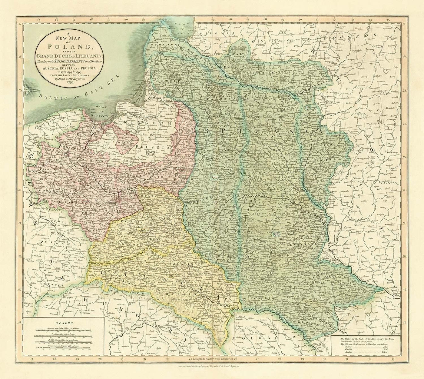 Viejo mapa de Polonia por John Cary, 1799 - Particiones del Commonwealth Polaco-Lituano - Austria, Rusia, Prusia