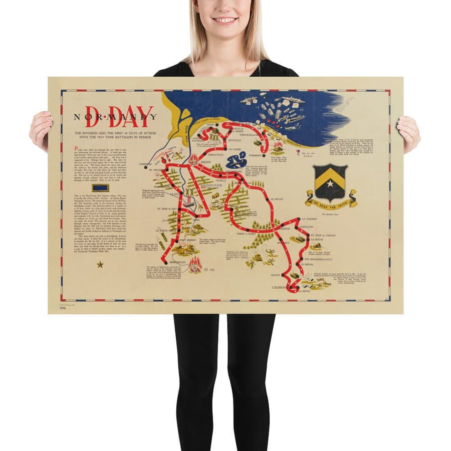 Alte Karte der D-Day-Landung in der Normandie, 1944 - 743. Panzerbataillon in Nordfrankreich - US-Armee im Zweiten Weltkrieg 