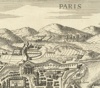 Alte Karte von Paris, Frankreich von Jean Sauve im Jahre 1670 - Notre Dame, Sainte-Chapelle, Île de la Cité, Bastille