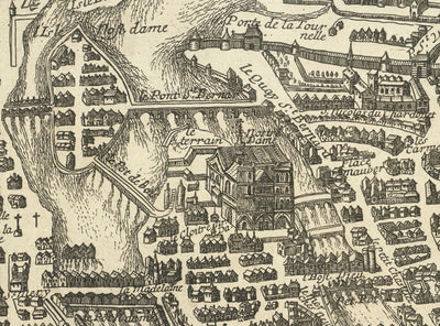 Viejo Mapa de París, Francia de Jean Sauve en 1670 - Notre Dame, Sainte-Chapelle, Isla de la Cité, Bastilla