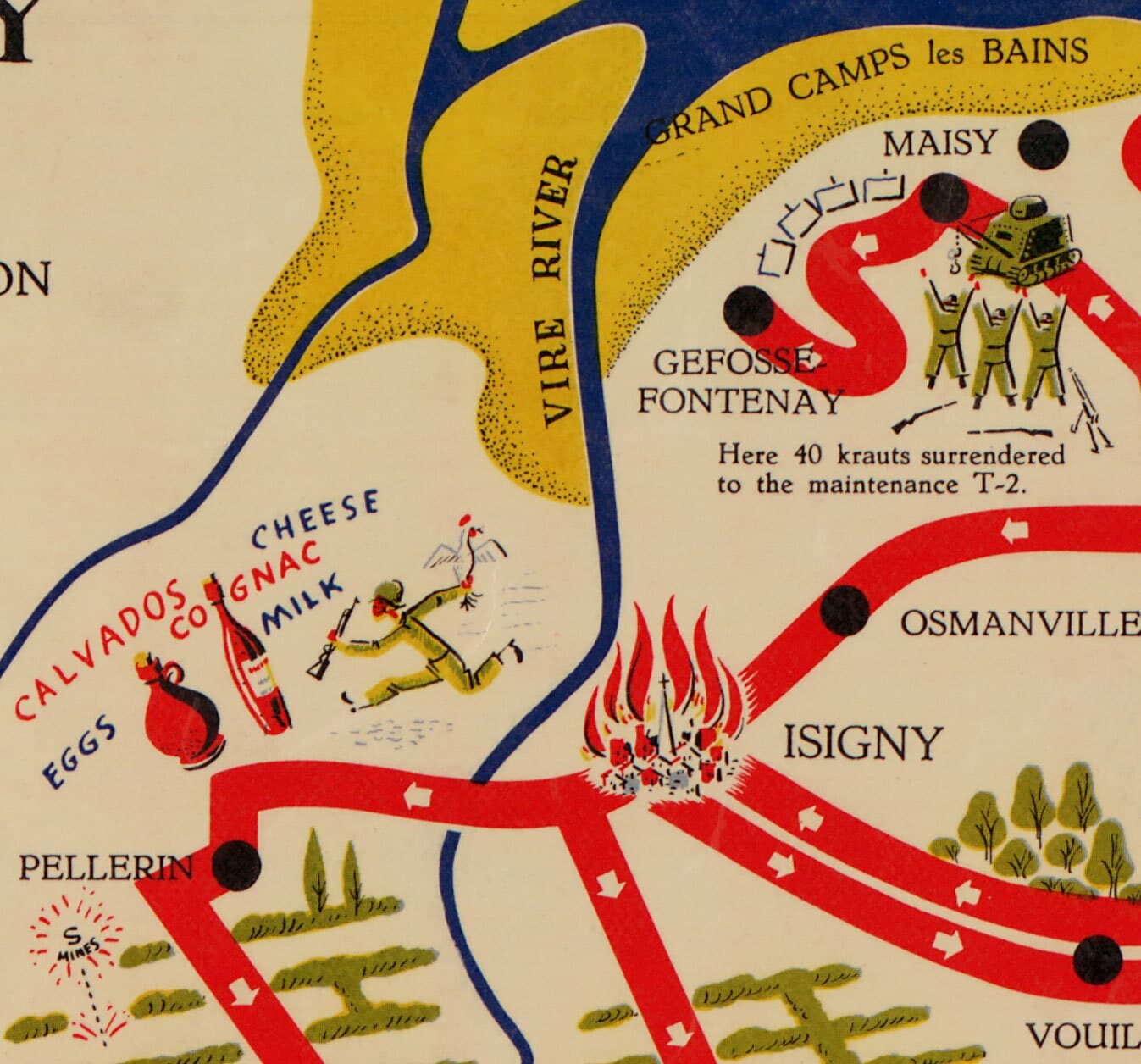Mapa antiguo de D Day Landings en Normandía, 1944 - 743rd Batallón de tanques en el norte de Francia - EE. UU. Ejército Mundial Guerra Mundial 2