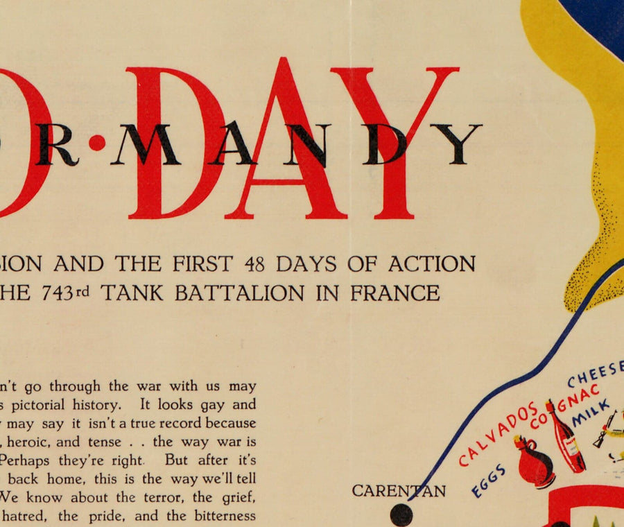 Alte Karte der D-Day-Landung in der Normandie, 1944 - 743. Panzerbataillon in Nordfrankreich - US-Armee im Zweiten Weltkrieg 