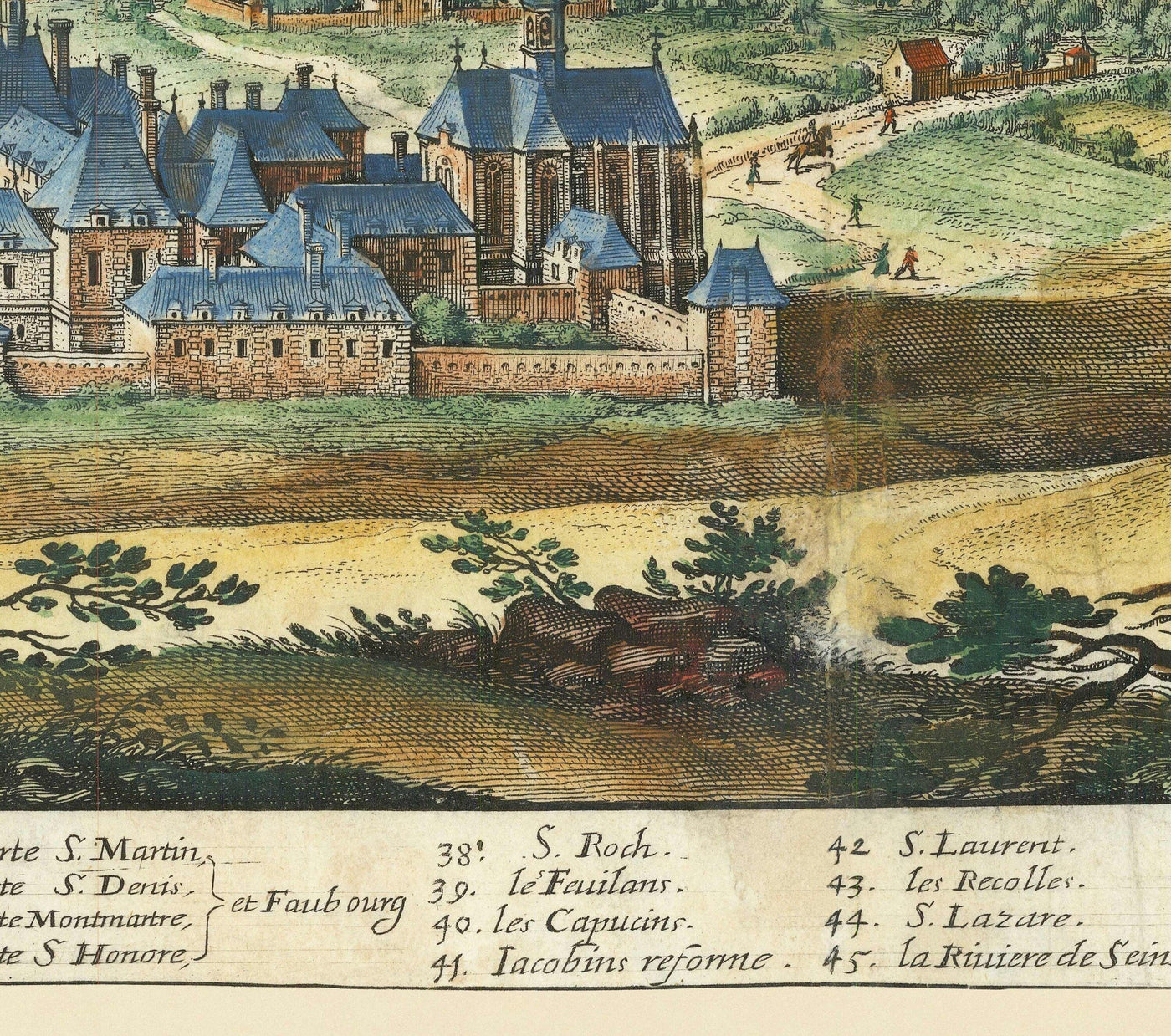 Mapa antiguo raro de París, Francia de Matthaus Merian en 1648 - Notre Dame, Sainte-Chapelle, Hospital St Louis, Bastilla