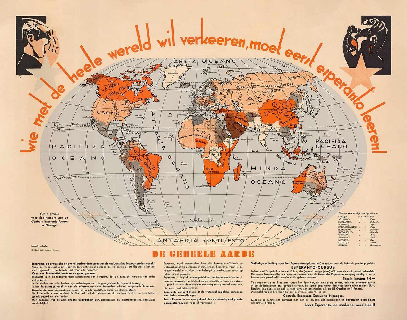 Alte Esperanto-Weltkarte, 1930 - Internationale Hilfssprachatlas-Karte - Esperantujo, Esperantisten