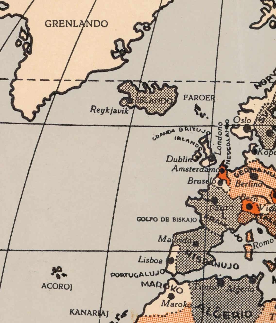 Antiguo mapa del mundo del esperanto, 1930 - Gráfico del Atlas Internacional de las Lenguas Auxiliares - Esperantujo, esperantistas