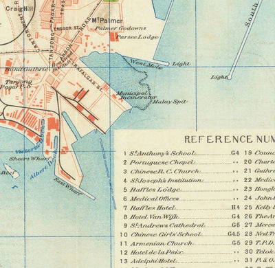 Rare ancienne carte de Singapour, 1917 - Colonie d'empire britannique, Pulau Ujong, Jardins botaniques, Marina, Bay