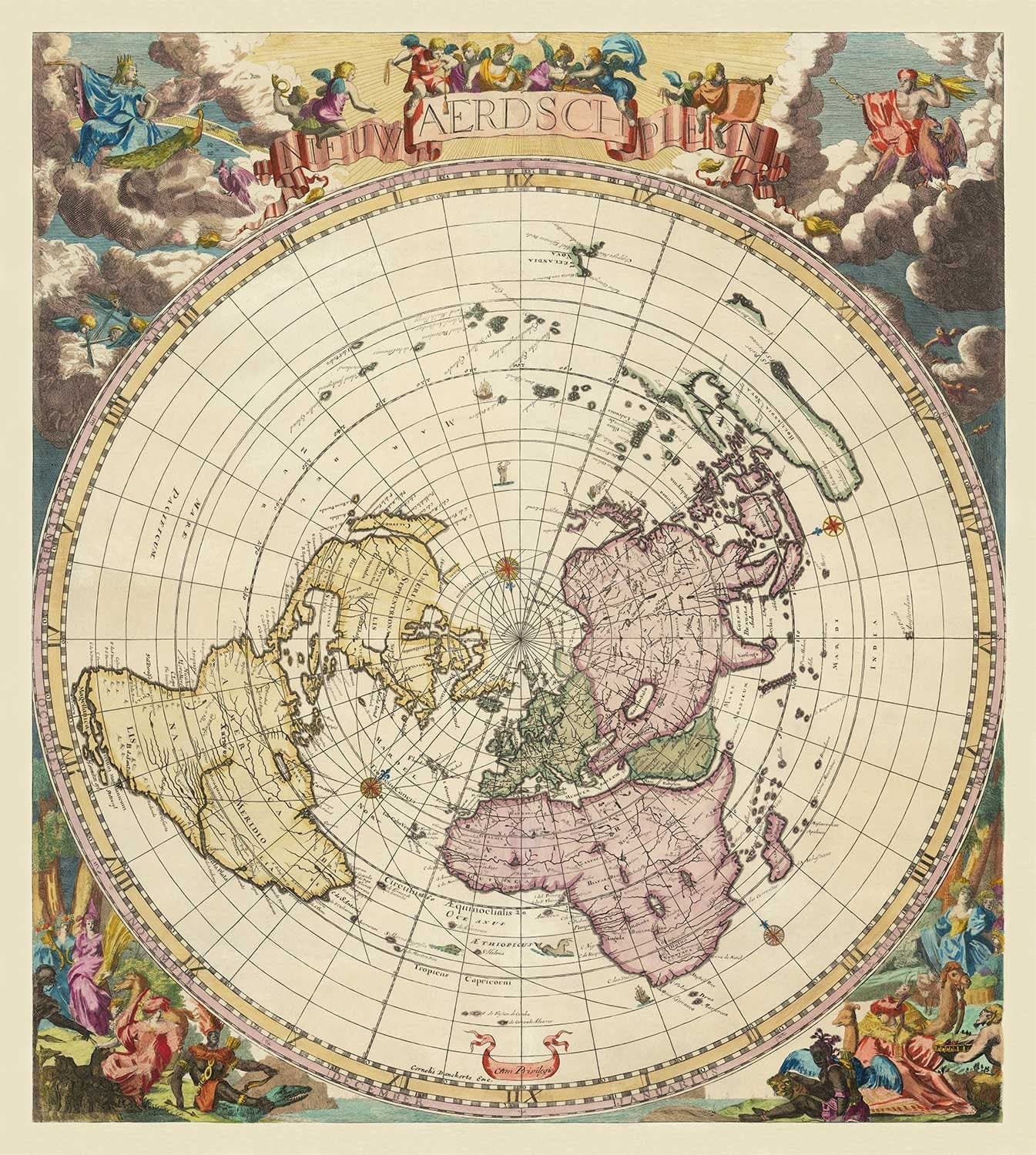 Ancienne carte du monde de la Terre plate, 1696 par Jacob Harrewyn - Île de Californie, chérubins - Projection polaire azimutale
