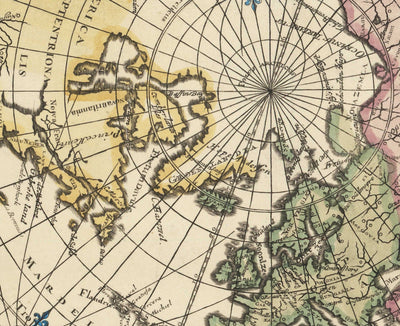 Antiguo mapa mundial de la Tierra Plana, 1696 por Jacob Harrewyn - Isla de California, Querubines - Proyección acimutal polar