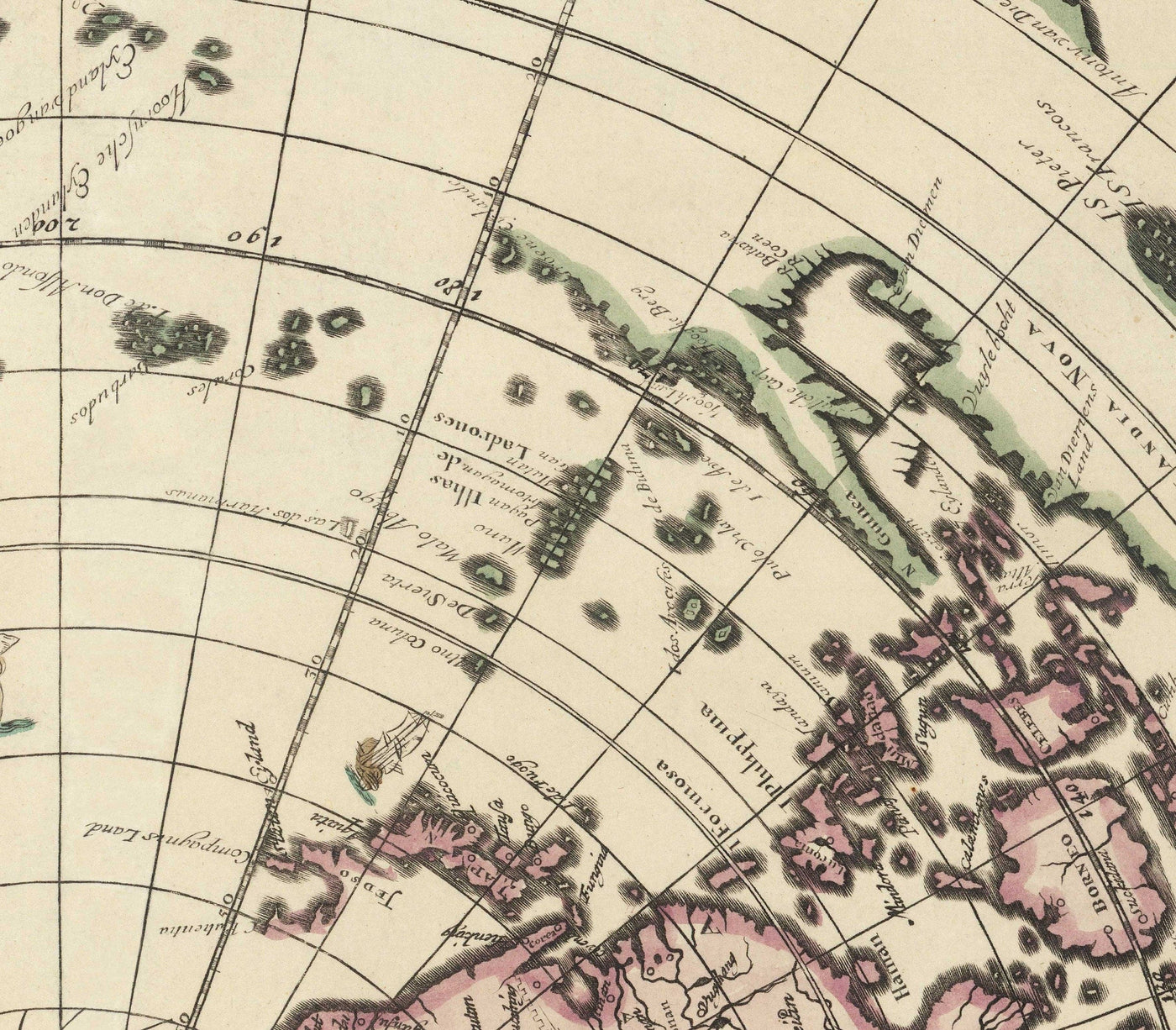 Antiguo mapa mundial de la Tierra Plana, 1696 por Jacob Harrewyn - Isla de California, Querubines - Proyección acimutal polar