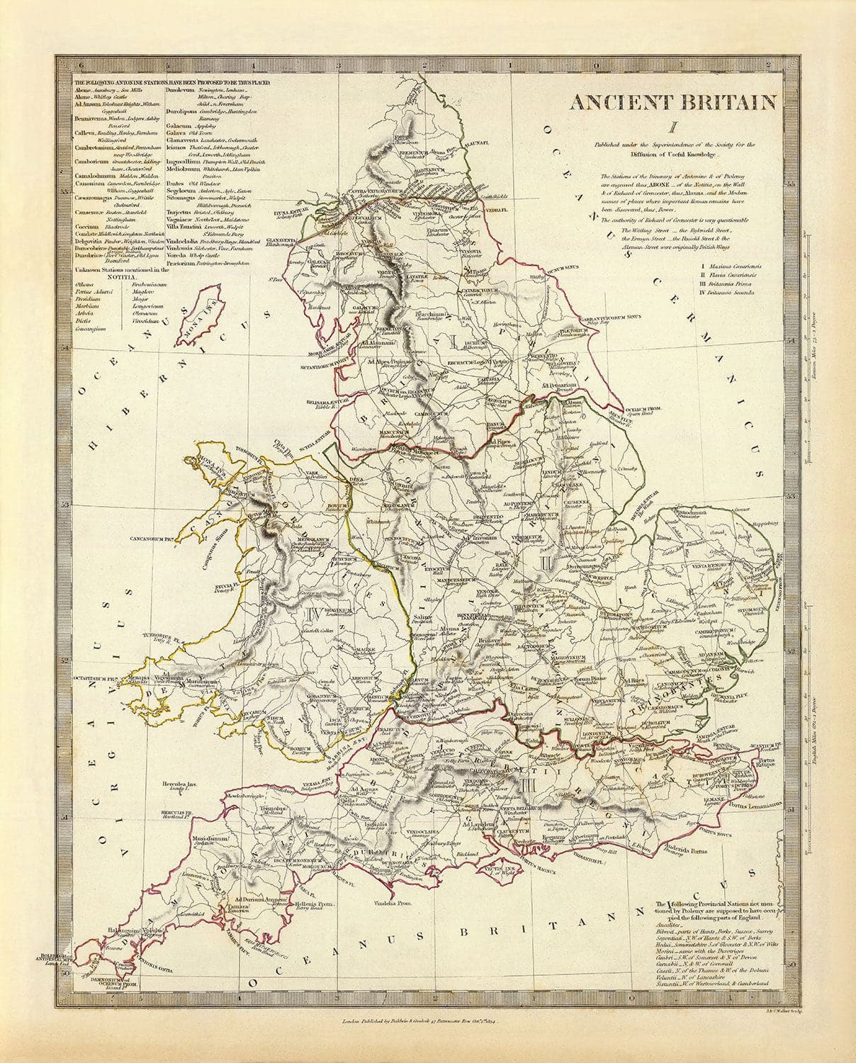 Antiguo mapa de la antigua Gran Bretaña, 1834 - Britania romana, tribus celtas, Silures, Dobunni, Parisi, Trinovantes, Regni